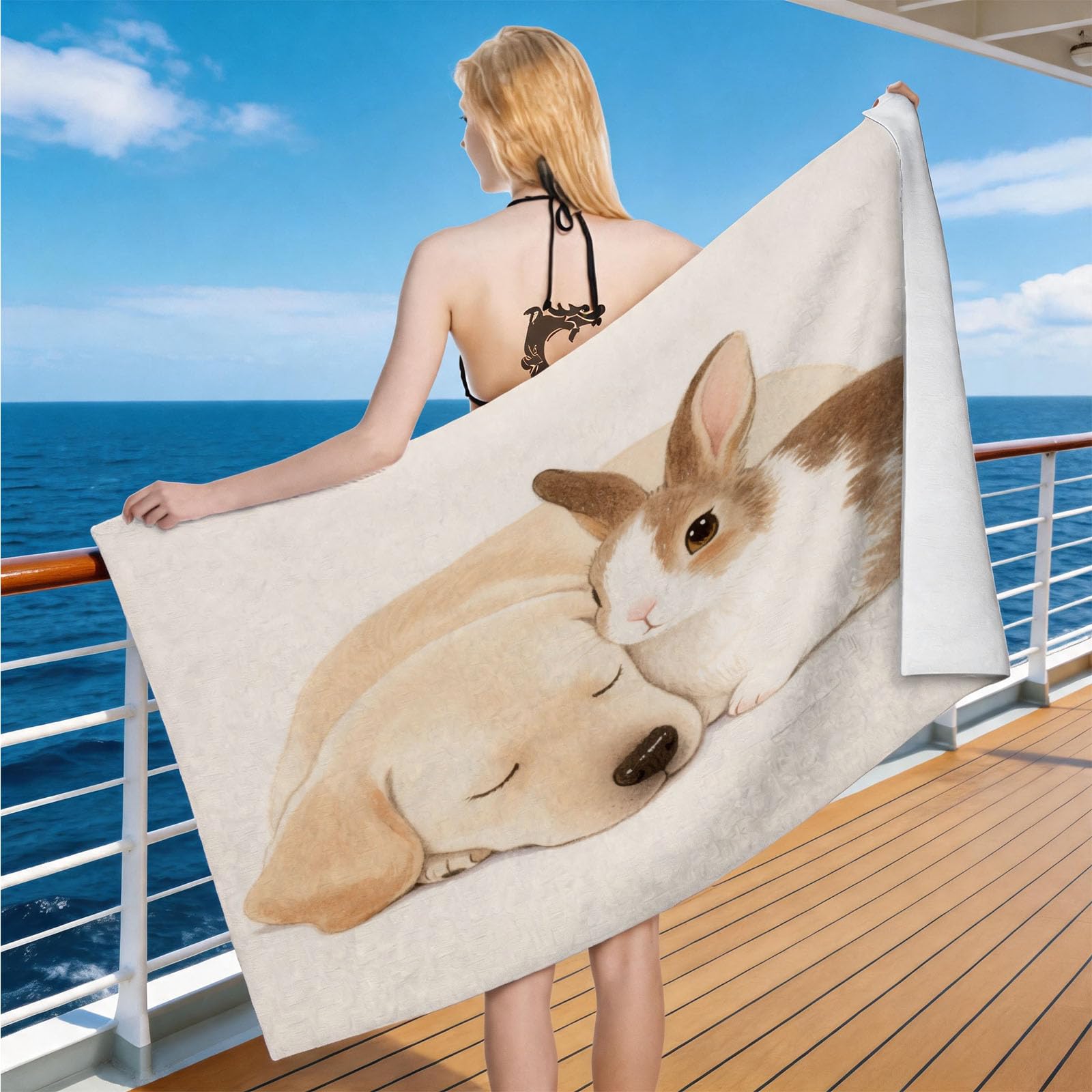 Hongduo Microfiber Quick Dry Beach Towel Dog & Rabbit, 3D Watercolor Illustration Beach Towels Absorbent Fast Drying Bath Towels, Travel Camping Gym Swimming Bathroom (100x200cm)