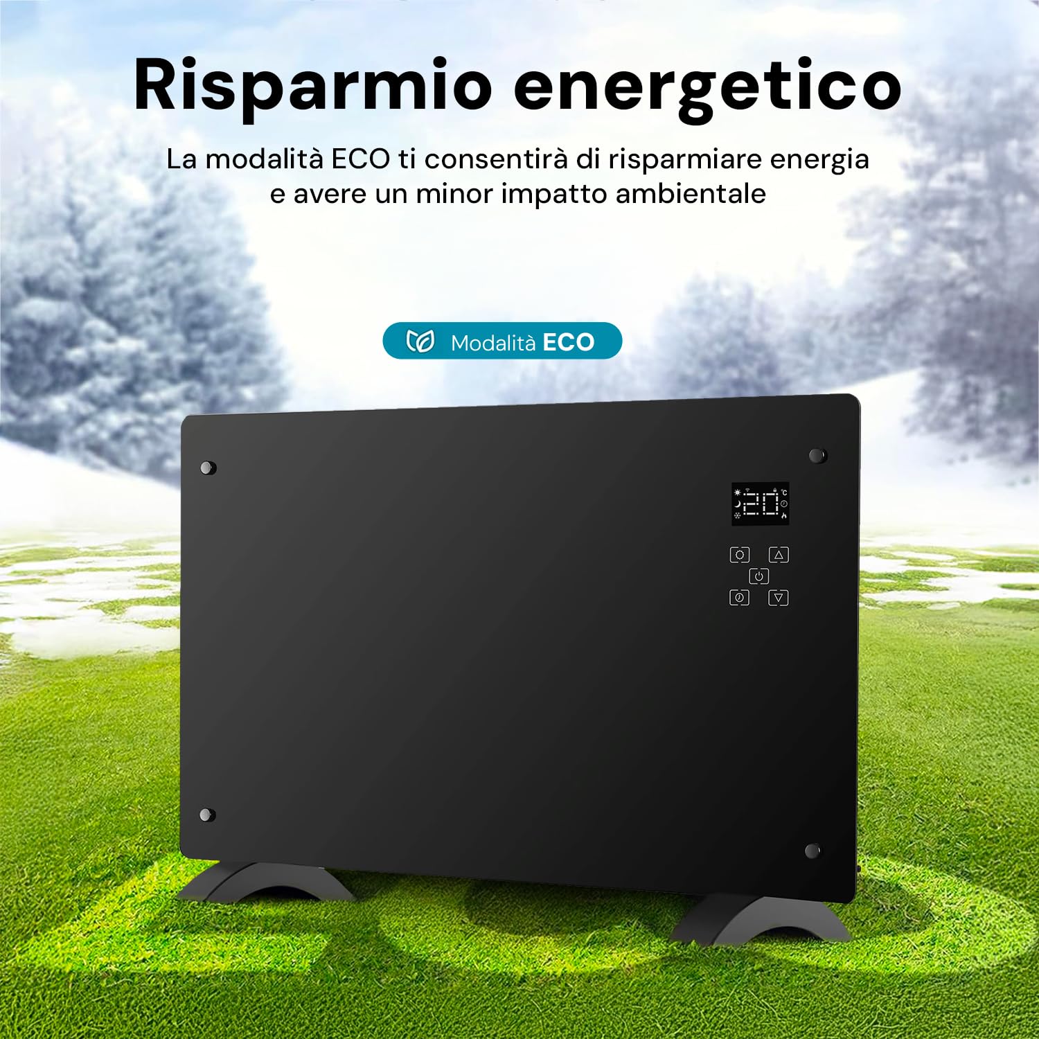 Avilia Termoconvettore Elettrico 1500W in Vetro con Display LED, Comandi Touch, Timer e Tecnologia Avanzata - Fissaggio a Muro o Terra - Compatibilità con Google Assistent e Alexa - 47x77x23cm