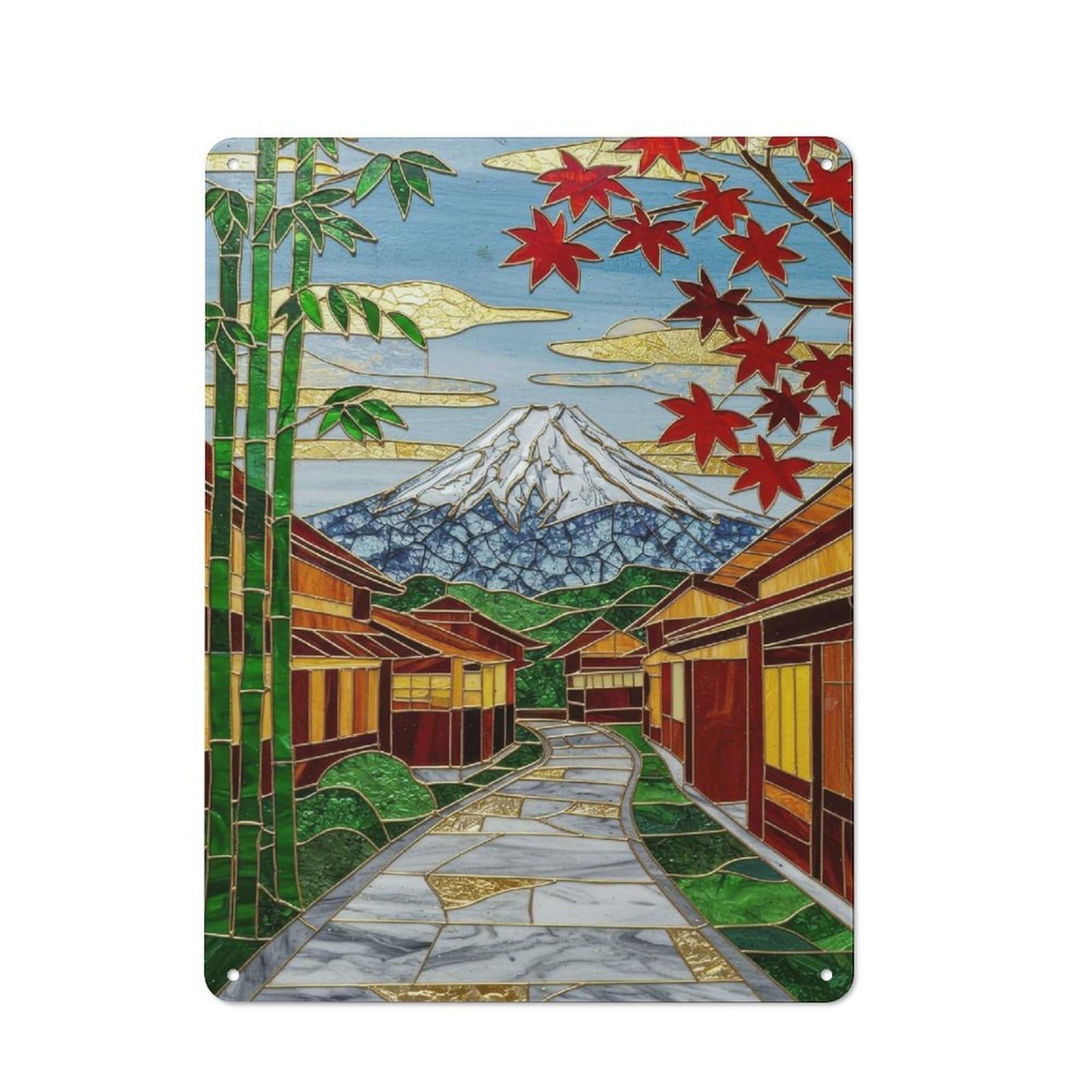 Junmoney Style-16 Garage Style Metal Wall Sign 40X30cm Featuring Mount Fuji Stained Glass Landscape Poster, Picture, Metal Print, Paint By Suiiarts, Garage Wall Decor For Garage, Hobby Room, Office Or Man Cave