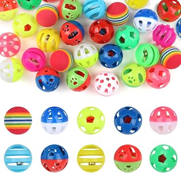 QUOZUO 24pcs Value Pack Plastic Ball Cat Toys Lattice Balls with Bell Jingle Kitten Toy Rainbow Ball, Gift Box Styles