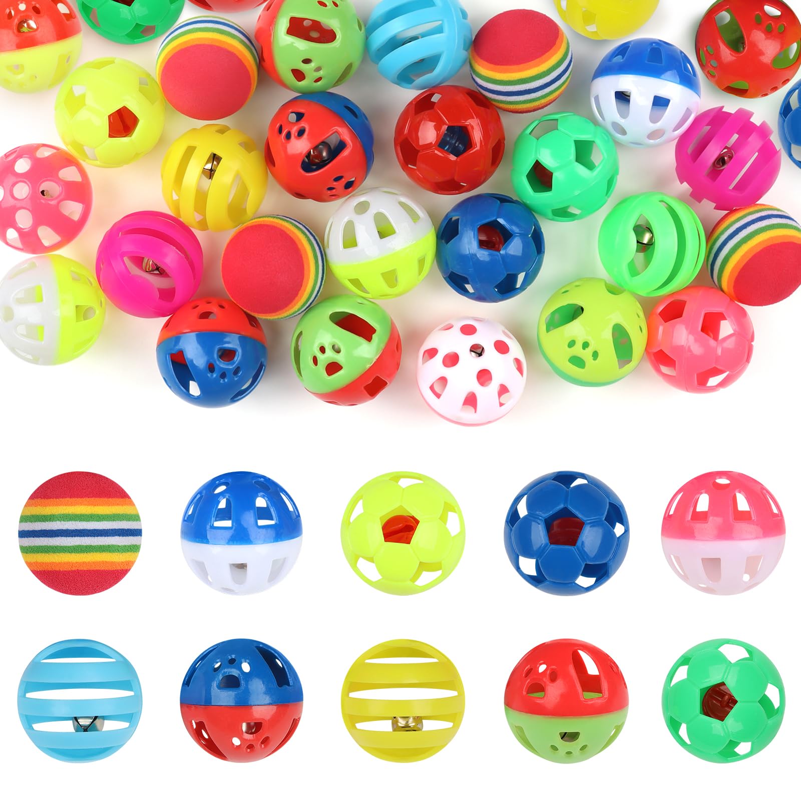 QUOZUO 24pcs Value Pack Plastic Ball Cat Toys Lattice Balls with Bell Jingle Kitten Toy Rainbow Ball, Gift Box Styles
