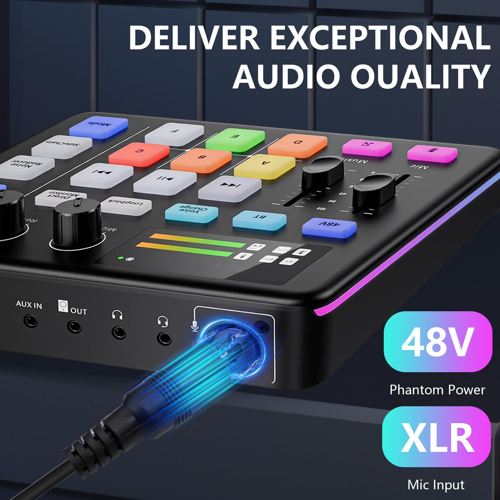 Mezclador de Audio, RGB Streaming Gaming Audio Mixer con Interfaz de XLR, Alimentación Phantom de 48V, Mezclador de Audio para Juegos para Transmisión en Vivo, Podcasting, Creación de Contenido