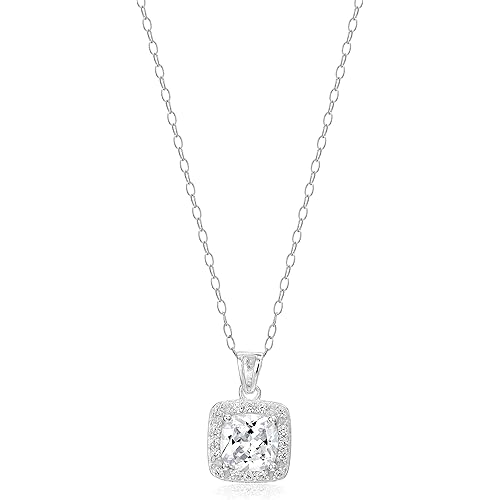 Amazon Essentials Gold Plated Sterling Silver Cubic Zirconia Princess Halo Pendant Necklace