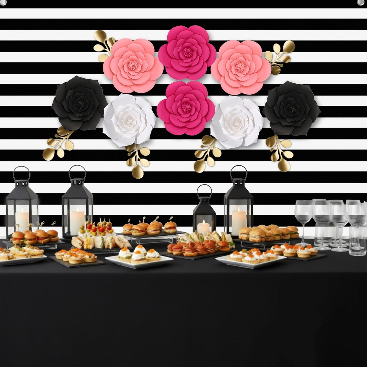 7x5ft White and Black Stripes Photography Backdrops and Large 3D Paper Flowers Decorations for Wall with Gold Leaves for Mexican Festive Wedding Party Decor Photo Studio Props