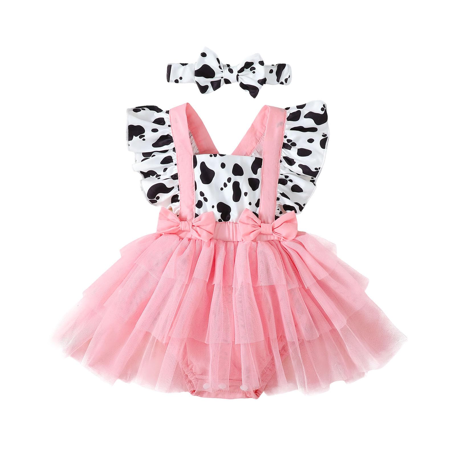 Amiblvowa Newborn Baby Girl Summer Clothes Pink Cow Print Ruffle Tutu Romper Dress Princess Birthday Western Cowgirl Outfit (Pink Sleeveless Backless, 12-18 Months)