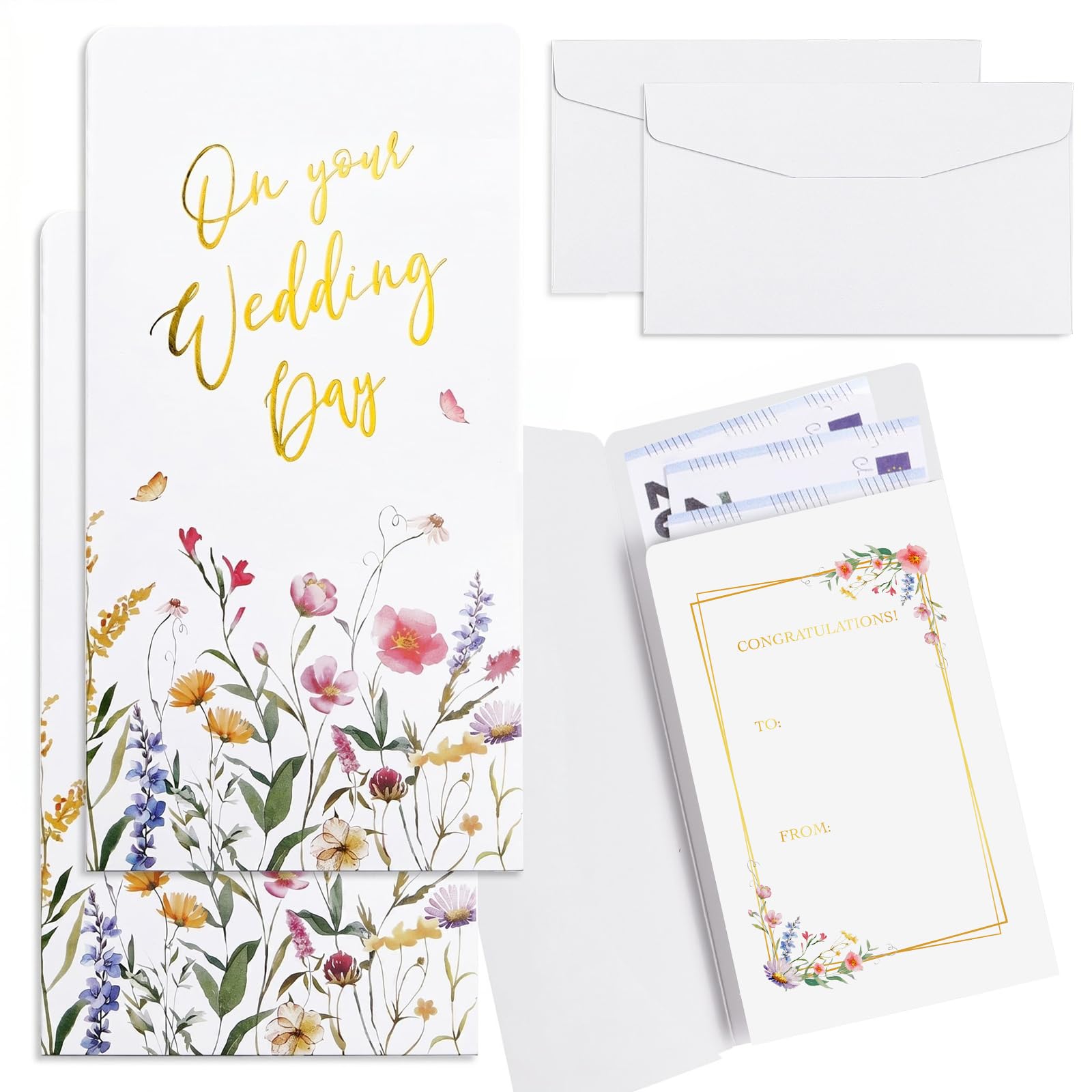 2 Pack Wedding Money Gift Wallets, Money Envelopes and Cards for Cash Gifts, Watercolour Floral Design
