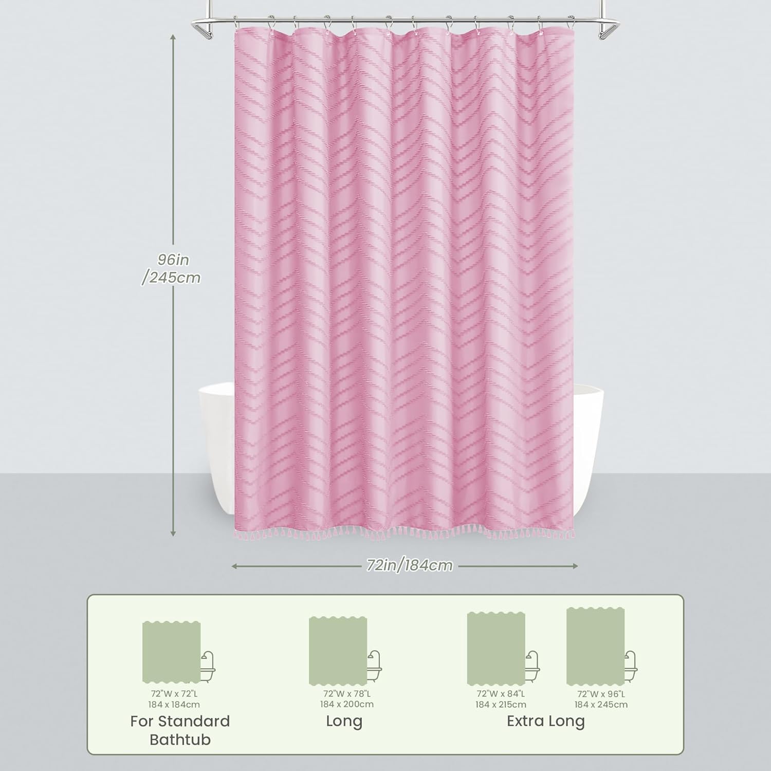 Inhousolu Boho Woven Fabric Shower Curtain, Tufted Textured Chevron Striped Tassel, Modern Farmhouse Minimalist Cloth, Water-Repellent Washable Bath Curtain for Bathroom Hotel 72" W x 96" L Pink