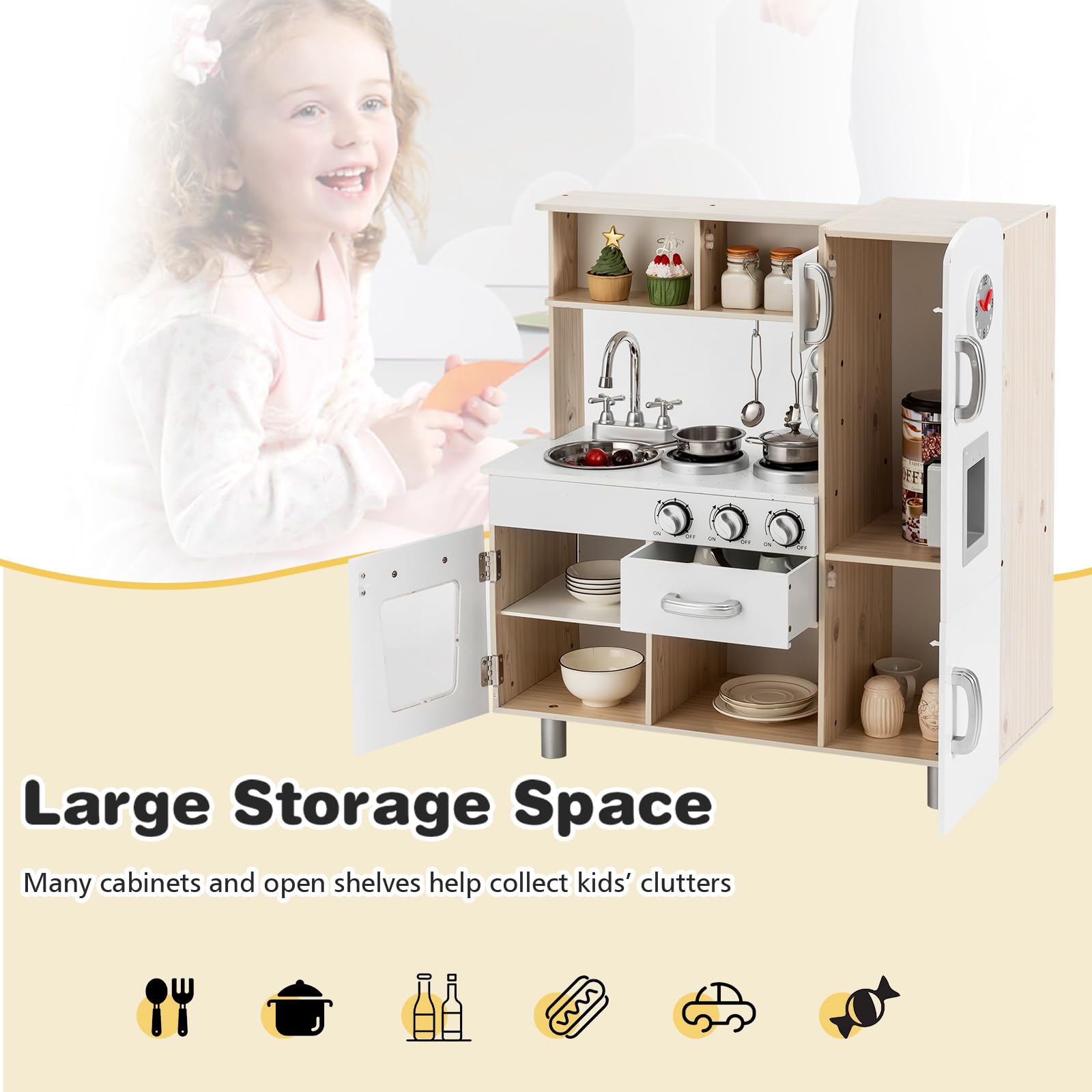 HOMASIS Cucina Giocattolo per Bambini Bianco, in Legno con l'Orologio, Set da Gioco Educativo dai 3 Anni in Su