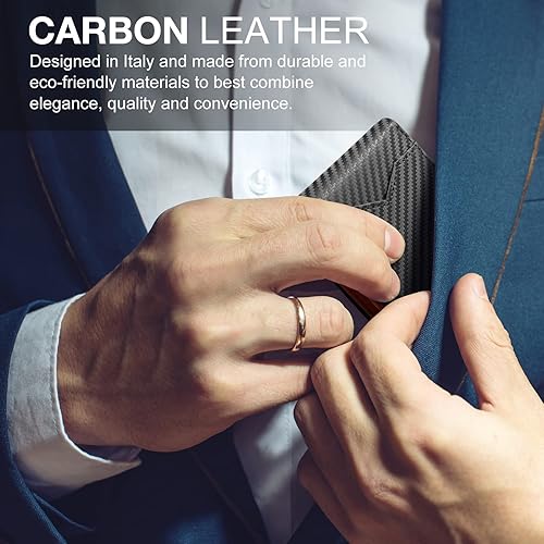 Miniatura 8 de GSOIAX Billetera delgada para hombre, minimalista, de piel auténtica, fibra de carbono, bloqueo Rfid, de piel de vaca, plegable, tarjetero con caja
