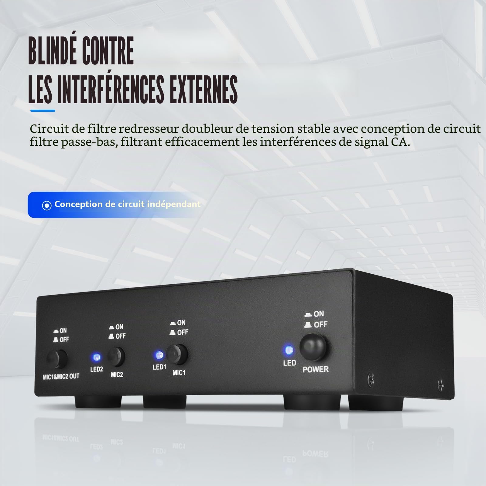 MC2 Alimentation fantôme 2 canaux 48 V avec câble audio 3,5 mm pour connecter une interface audio pour microphones à condensateur et appareils d'enregistrement de musique (2 canaux)