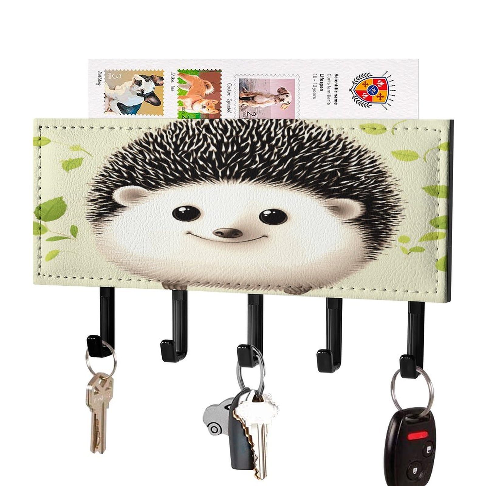 Vstadank Black-Style Cute Hedgehog Key Holder For Wall Decorative Mail Organizer Exquisite Coat Rack Pu Wall Mount Adhesive Keys Rack With Tray&5 Key Hook For Door Hallway Entryway Decor