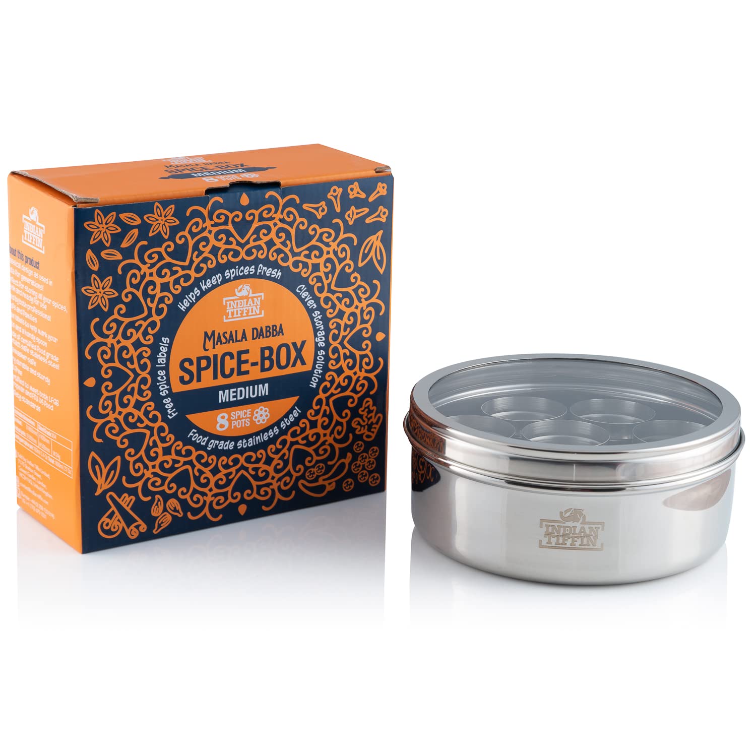 Indian-Tiffin Masala Dabba Contenitore Ermetico per Spezie - con Etichette per Spezie e Cucchiaio (Medio (18cm), coperchio trasparente, nessun coperchio sui vasi interni)