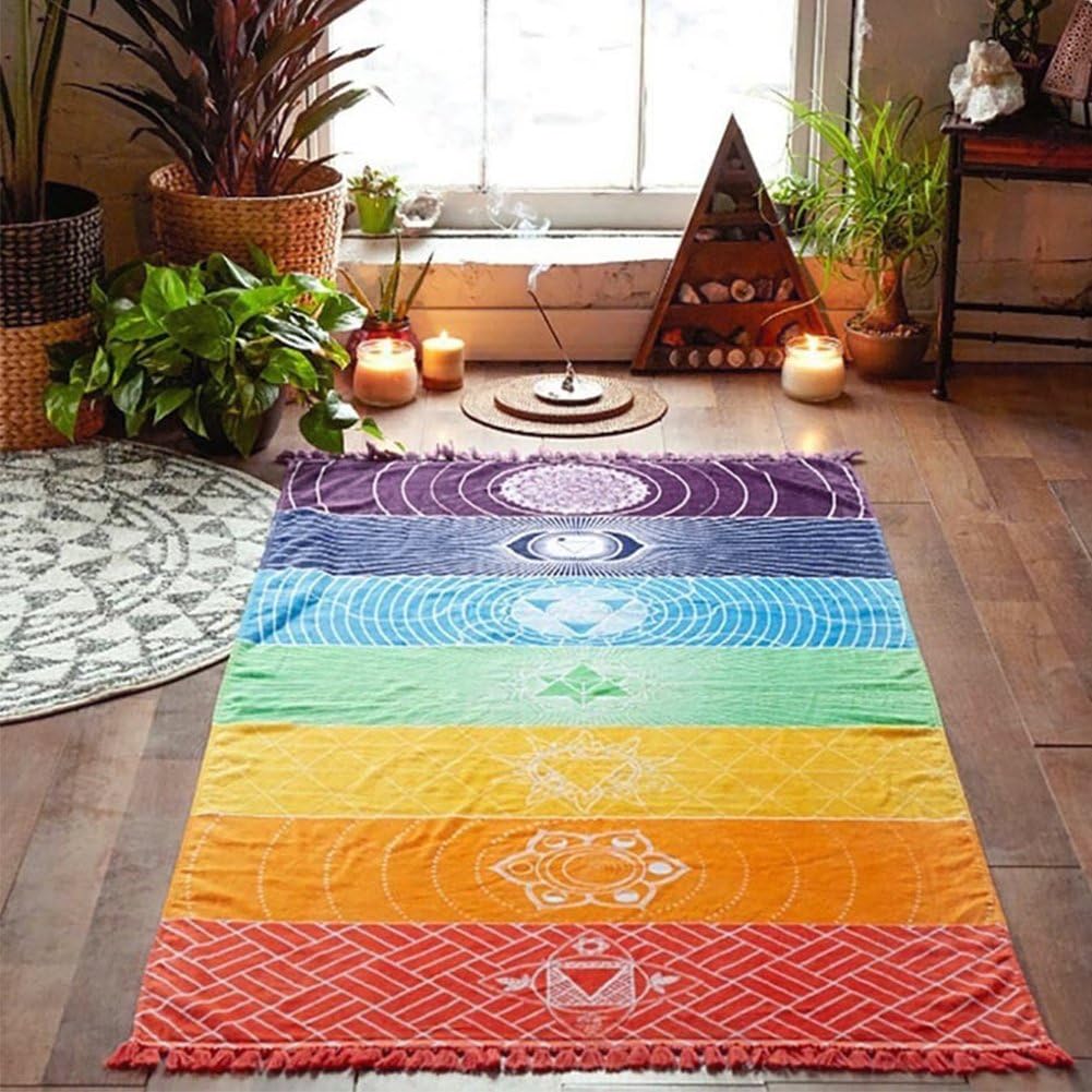 Yoga Mat Wall Hanging Rainbow Colorful Tapestry, Cotton Square Indian Mandala 7 Chakra Carpet, Beach Blanket Bath Towel Shawl Home Decor, 150x75 CM