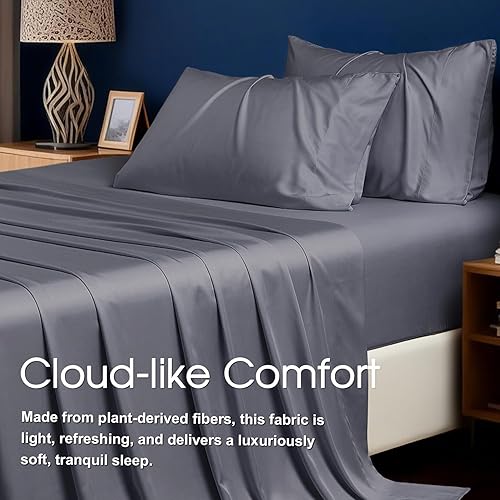 Miniatura 4 de HYPREST Sábanas Cal King, Rayón Derivado de Bambú, Bolsillo Extra Profundo se Ajusta a Colchones de 18"-24" de Grosor, Gris Sedoso Suave Sin Sudor