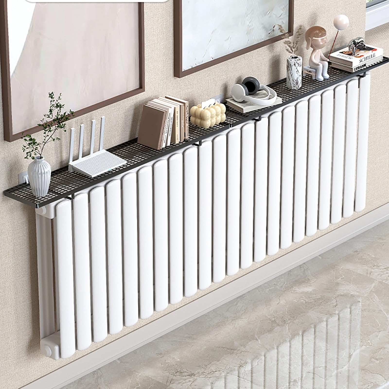 Estante Plegable para Radiador Estante Metálico de Pared Sin Necesidad de Taladrar Estantes Flotantes Encimera Moderna para Armario de Salón o Dormitorio(Black,55cm/21.6in)