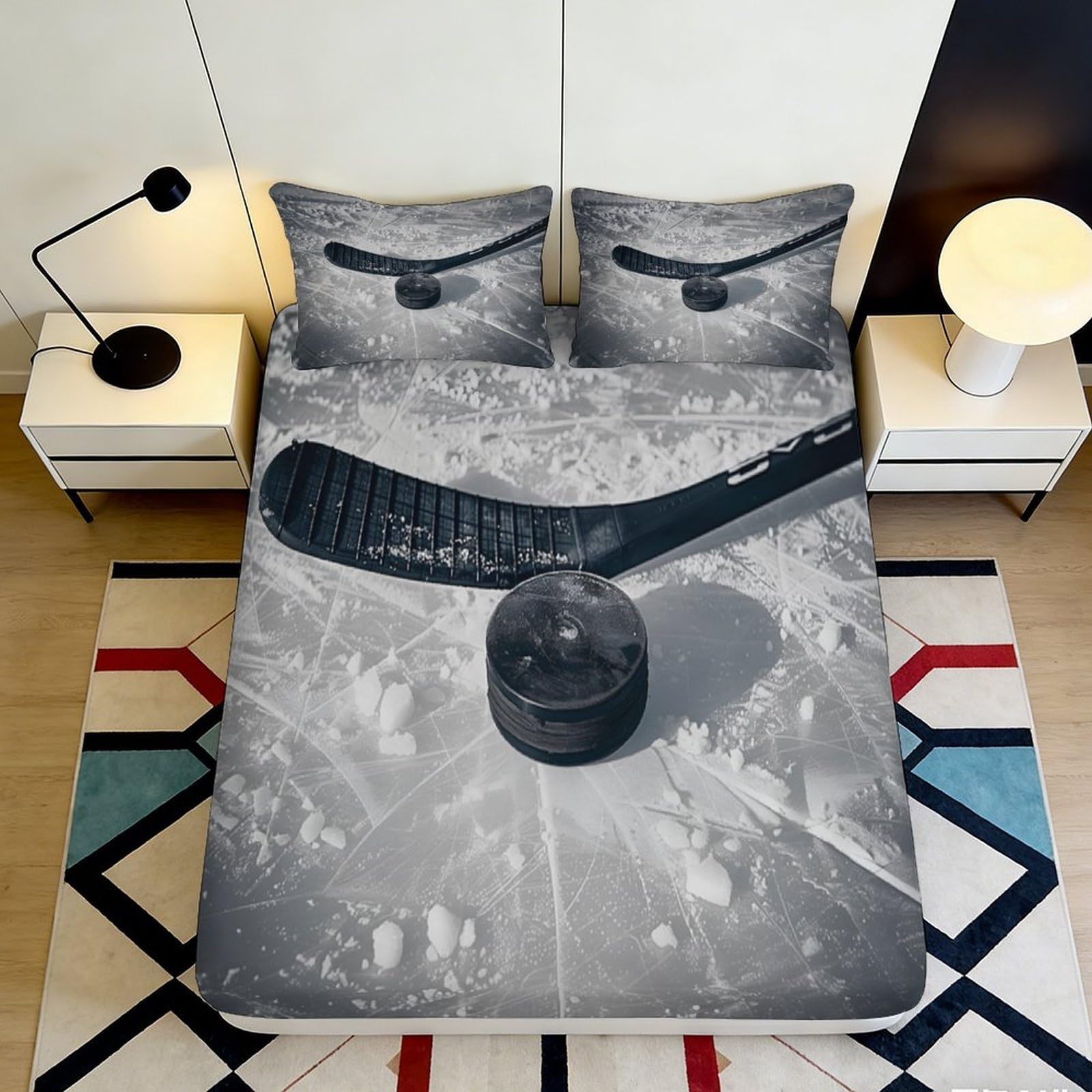 3D Printed Hockey Stick Fitted Sheet Microfiber Soft Breathable Ice Rink Bed Cover for Bedroom Dorm Mattress Protection Decor 90x200x25cm