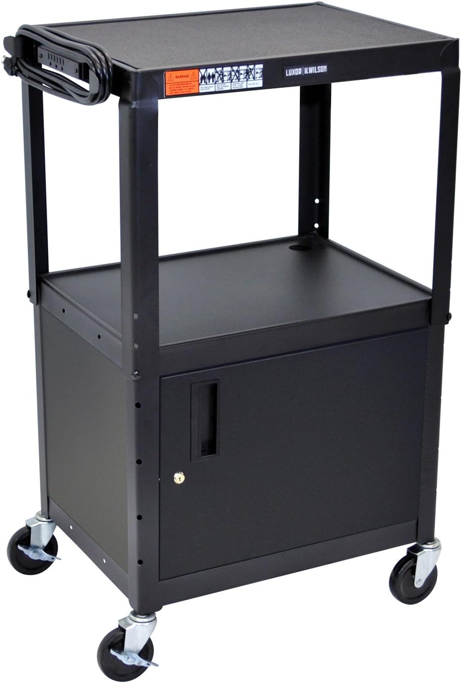 Adjustable Black Steel AV Utility Cart with Locking Cabinet