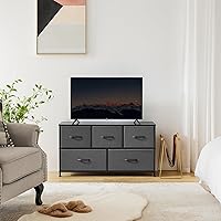 Vista 24 de OLIXIS Cómoda de 5 cajones para dormitorio, torre de almacenamiento de tela para sala de estar, entrada, marco de acero resistente, parte superior