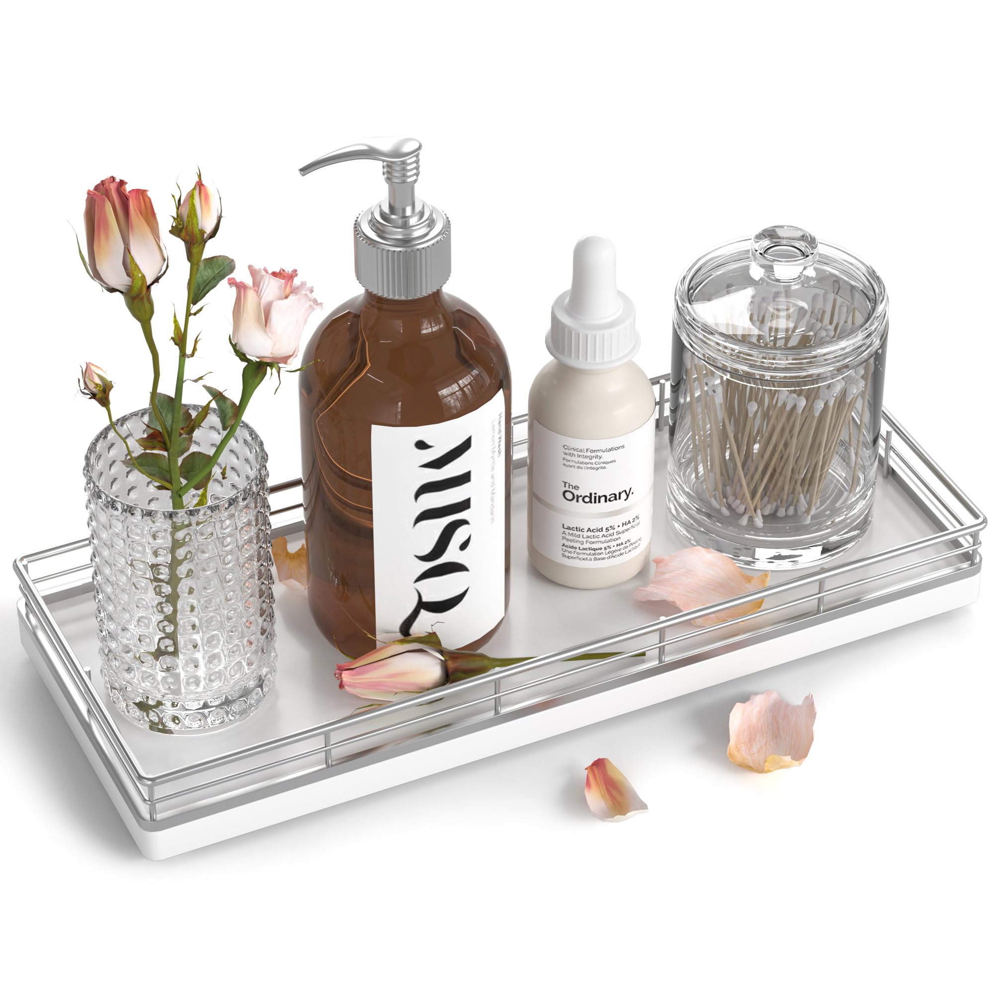 Bathroom Tray for Counter, Oak Wooden 11.2" L Vanity Tray for Jewelry Candle Makeup Perfume, Holder for Coffee Table Decor Bar Silver