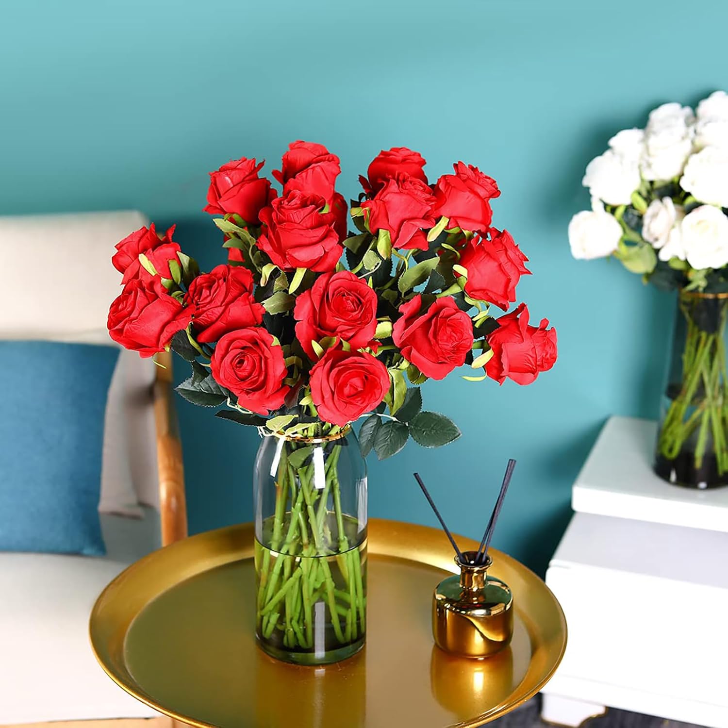 Condition photo showing New/Like New for JUSTOYOU 7 pcs Red Roses Artificial Flowers Realistic Long Stem Fake Roses Bouquet, Faux Silk Flowers for DIY Bouquets Wedding Centerpieces Arrangements Home Party Decor Dark Red