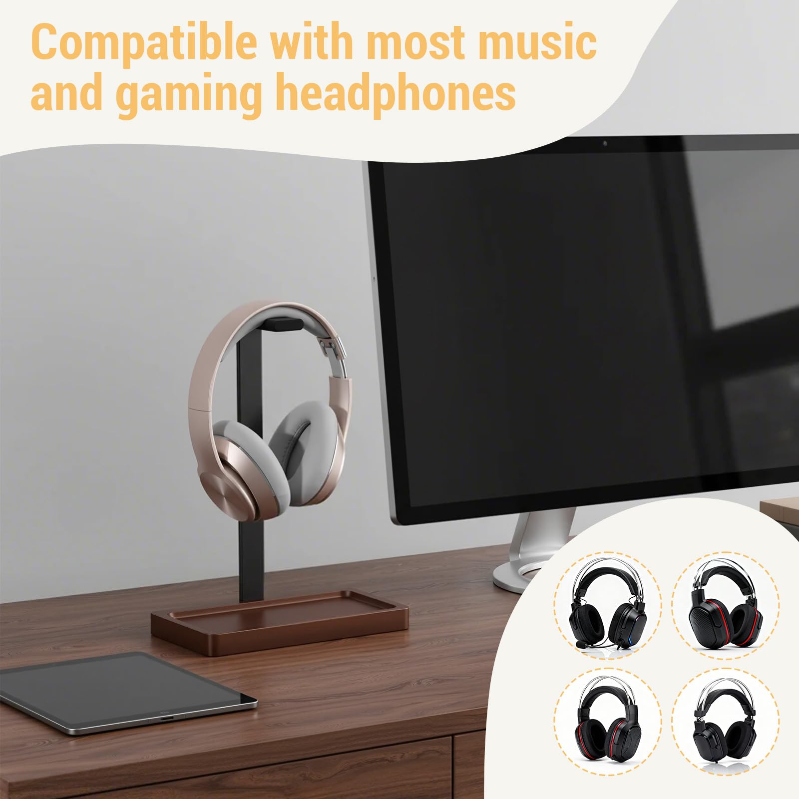 Supporto per cuffie da scrivania, in legno di noce, supporto universale per cuffie con base di archiviazione per videogiochi, cuffie musicali