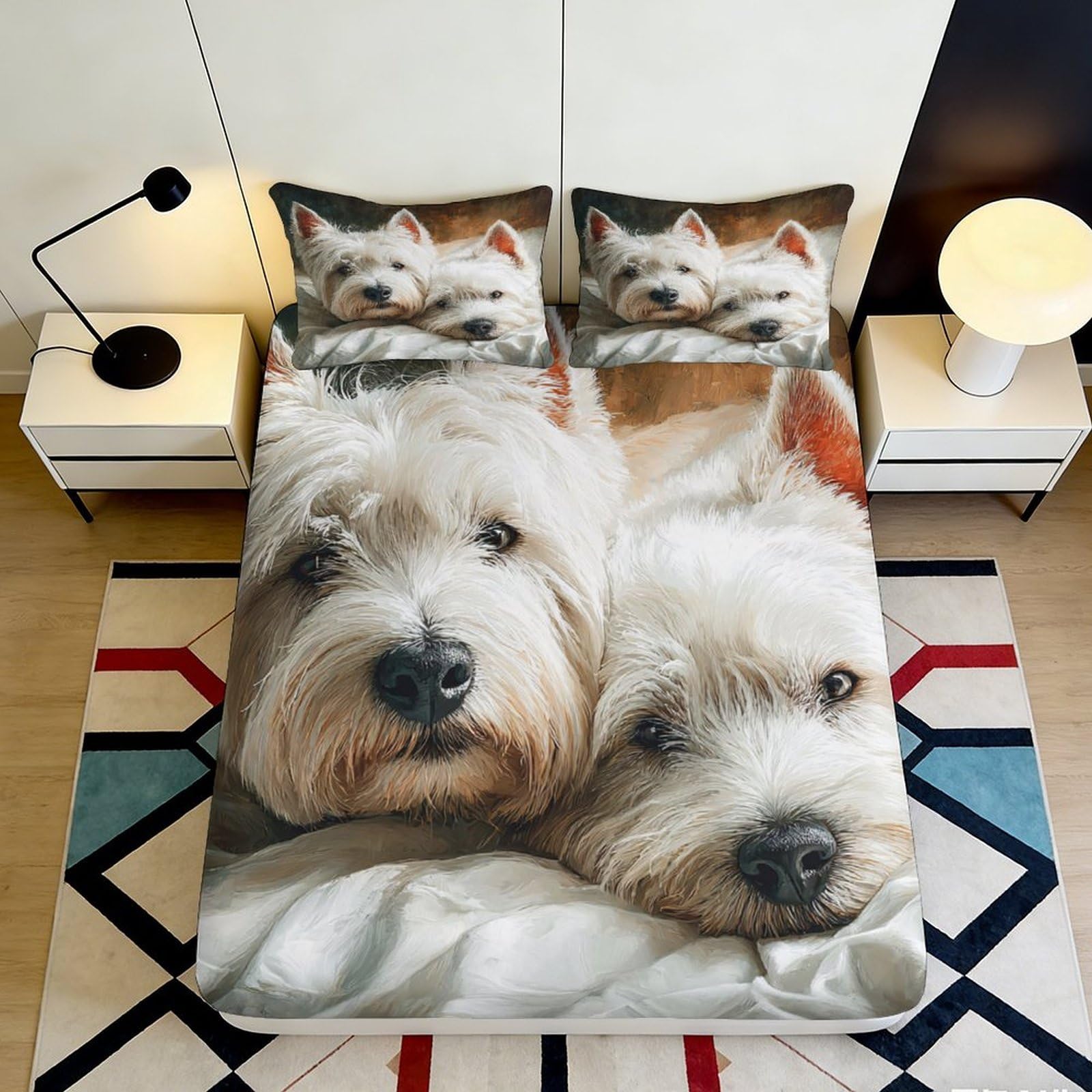 3D Printed Westie Dog Fitted Sheet Microfiber Soft Breathable Puppy Bed Cover for Bedroom Guest Room Mattress Decor 90x200x25cm