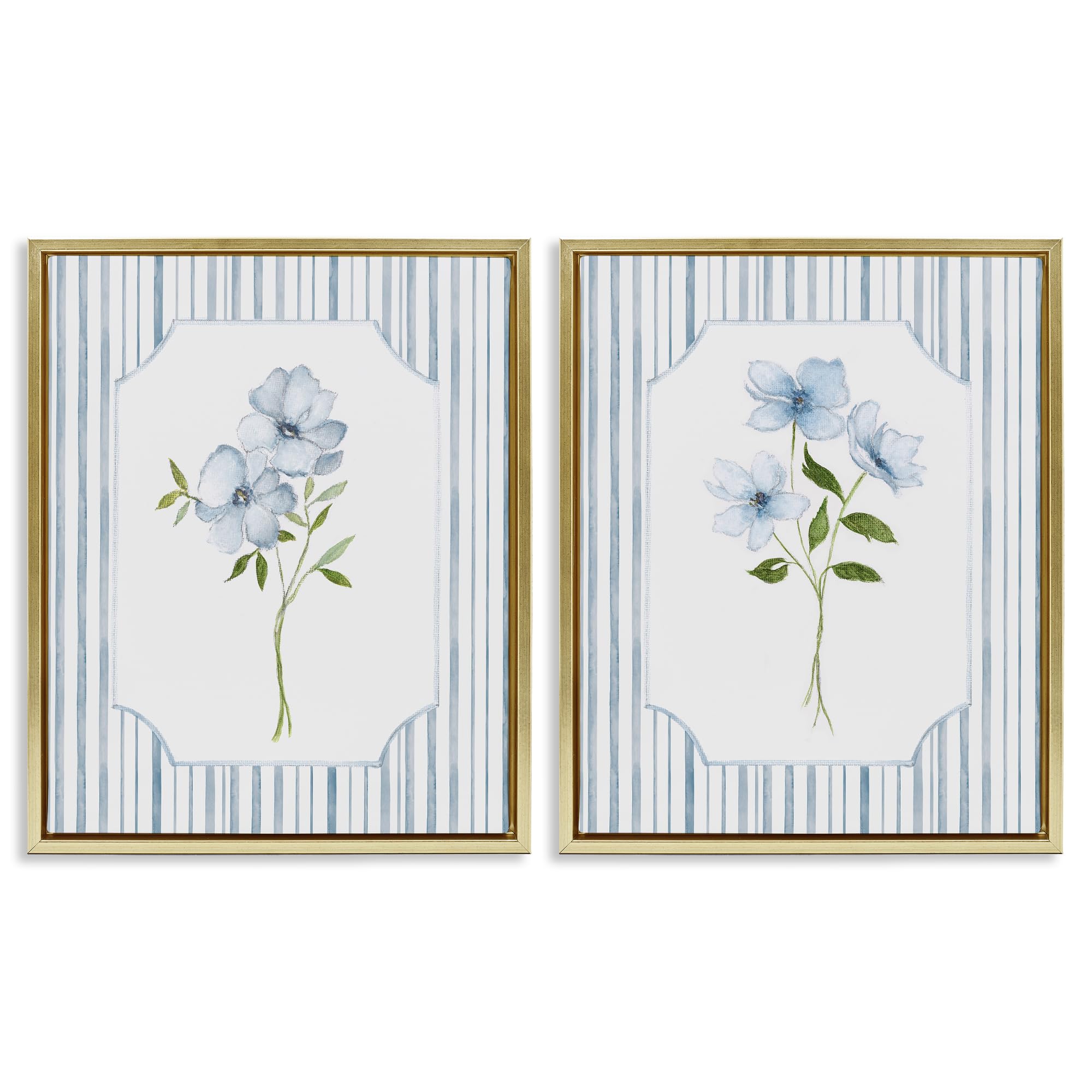 Stupell Industries Blue Blooms Stripes Blue Blooms And Stripes Floral, 24 X 30 Inch Canvas In Floater Frame Set