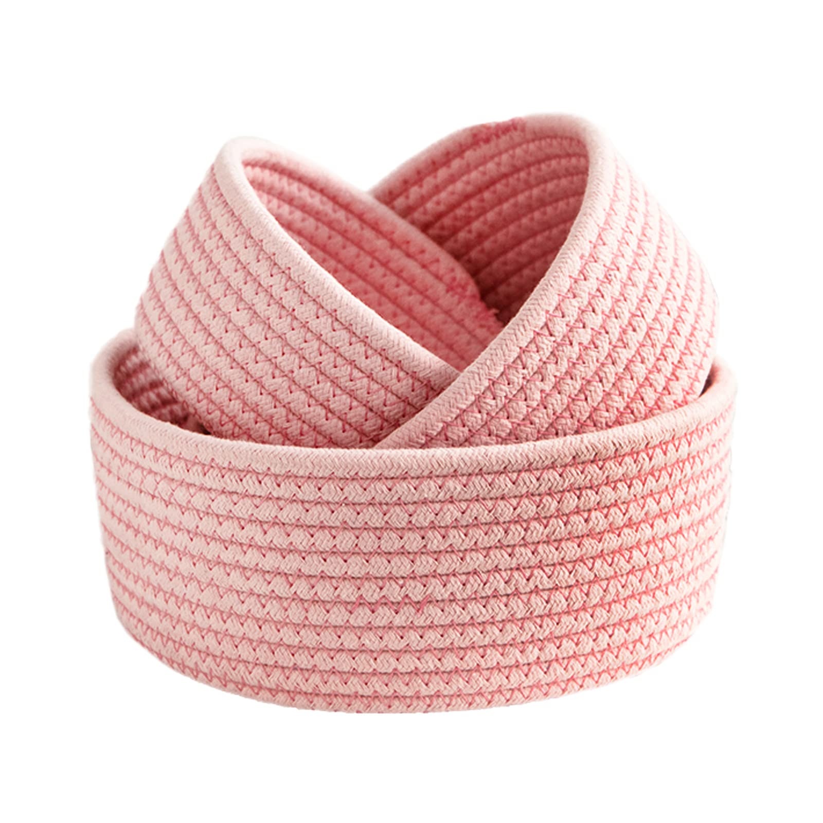 HANTURE 3Pcs Cotton Rope Storage Baskets Small Pink Woven Organizer Bins for Desktop Decorative Round Cotton Rope Basket Trays for Entryway Jewelry Toys Keys Storage