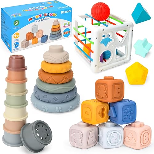 Balnore 5 in 1 Baby Toys 6 to 12 Months, Montessori Toys for Babies 6-12 Months, Pull String Teething Toys for Babies, Stacking Blocks & Stacking