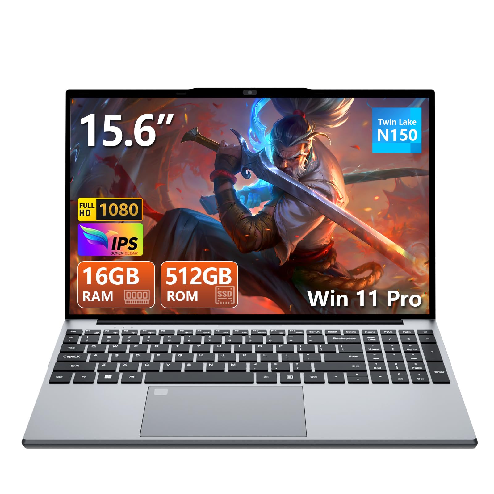 15,6 Pouces Ordinateur Portable, Win 11 PC Portable 16Go RAM DDR4 512Go SSD, CPU Twin Lake-N150, Clavier Rétro-éclairé+Déverrouillage Empreinte, Laptop1080P Écran, WiFi5+Mini-HDMI+USB3.0+BT4.2+Webcam