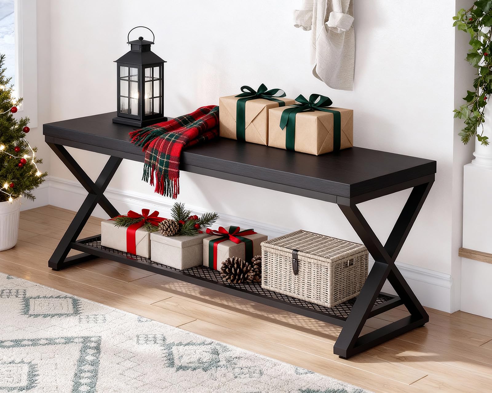 LVB Black Entryway Bench with Storage, Indoor Shoe Bench with Seating for Hallway, Accent Storage Bench for Living Room Bedroom, Simple Small Shoe Rack Benchs for Foyer Entrance, Black Oak, 100 CM