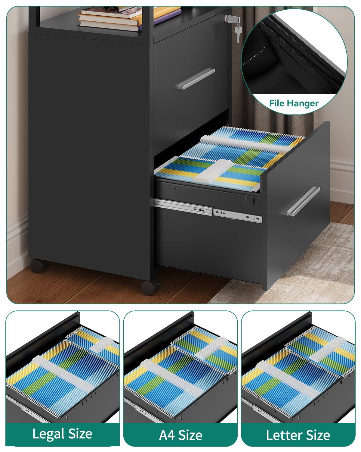 YITAHOME Druckertisch mit Rädern, 104CM Tall Aktenschrank mit Stahlböden, Mobiler Aktenschrank Druckerständer, Bürocontainer Rollschrank, Schubladenkommode für Zuhause Büro, 104x60x40 cm, Schwarz