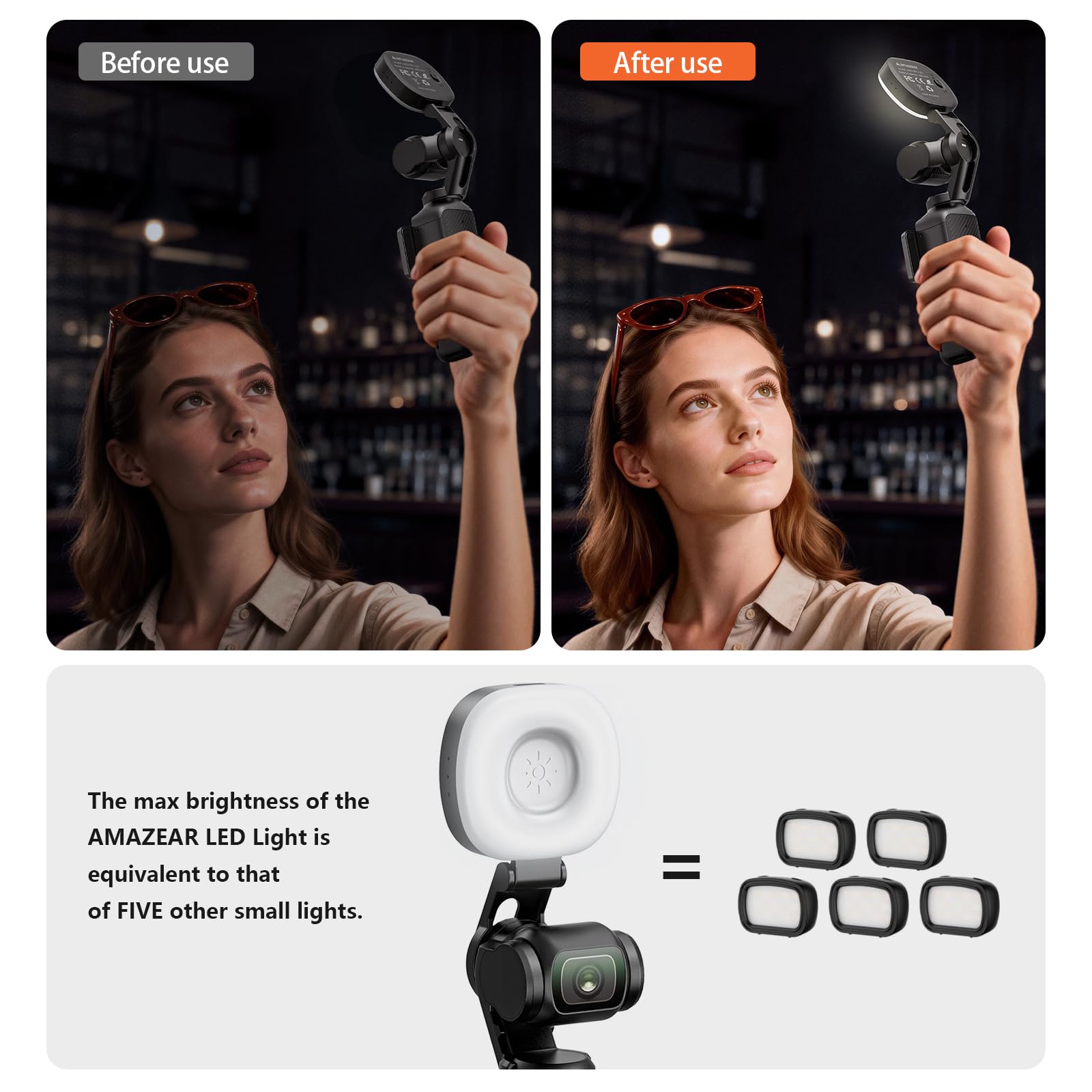 AMAZEAR Lampe LED vidéo pour DJI OSMO Pocket 4, Accessoires OSMO Pocket 4– Éclairage d'appoint Auto-Follow Gimbal Selfie Vlog, CRI≥95, 3 températures réglables, 500mAh 1.6W USB-C, Noir