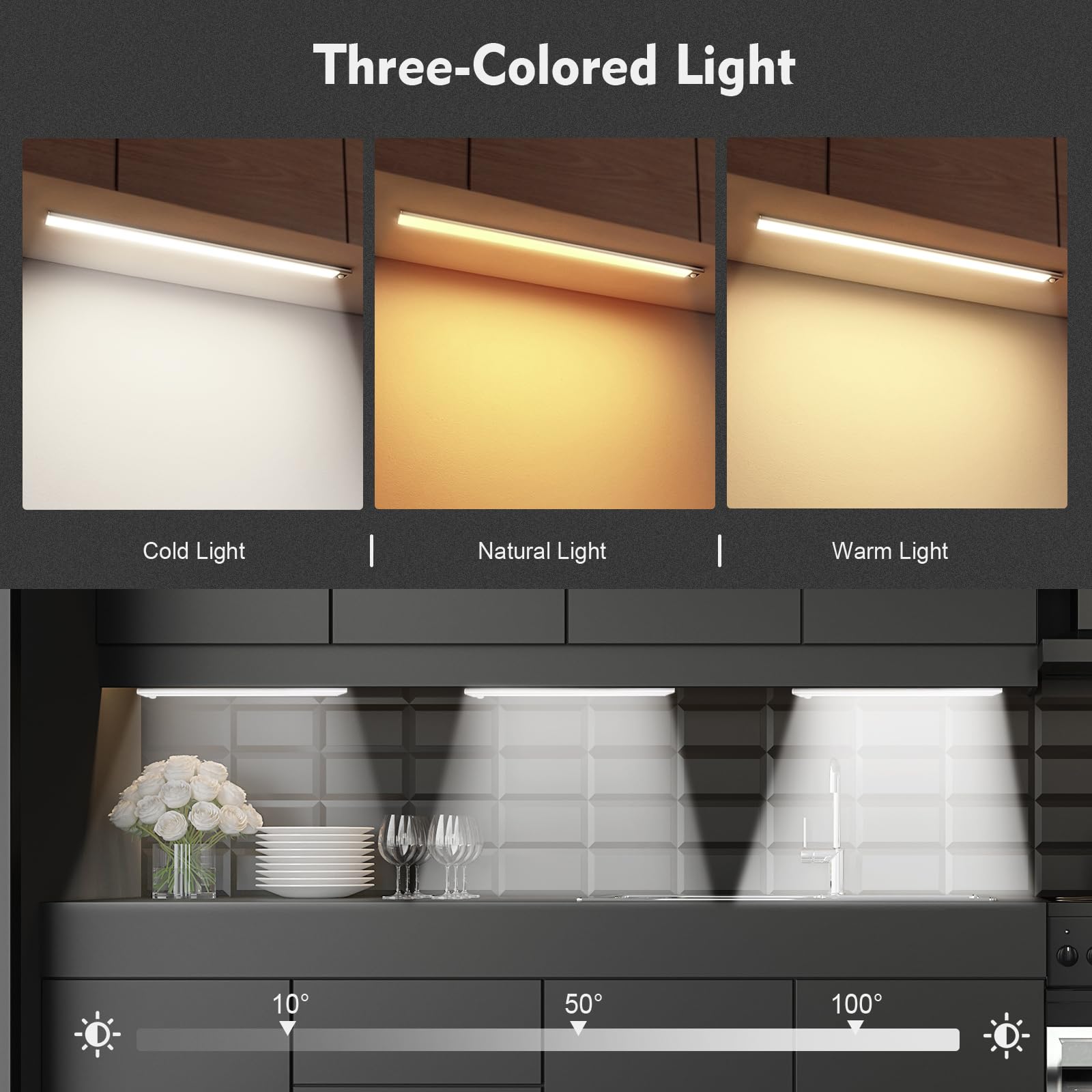 Gritin Luce Led Sottopensile Cucina Ricaricabile 2 Pezzi- 3 Colori & 5 Luminosità, Super Luminoso, 4 Modalità, Sensore di Movimento, Facile Installazione Magnetiche Luce Armadio-37.5CM-Nero