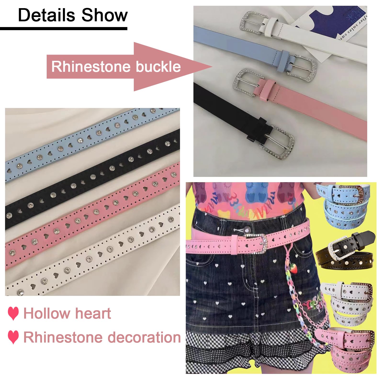 MLSTKWIG 1 PCS Hollow Love Rhinestone Belt Y2K Belt Hip Hop Belt Korean Belt Bling Belt Jeans Skirt Belt 105 * 2.2 cm/41.3 * 0.9 in (Blue)