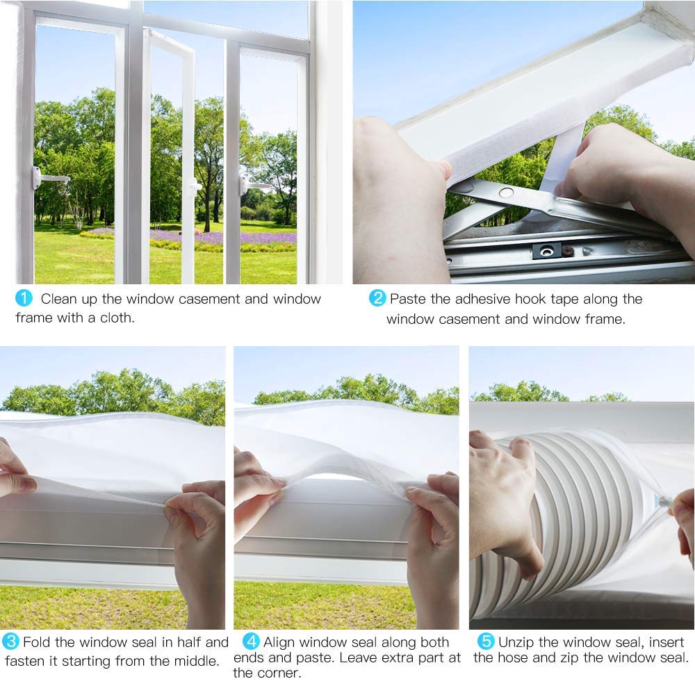 AGPTEK 400CM Tissu de Calfeutrage Fenêtre pour Climatiseur Mobile Sèche-Linge et Déshumidificateurs, Kit Joint de Fenêtre Étanche Installation Facile avec Fermeture à Glissière et Ruban Adhésif