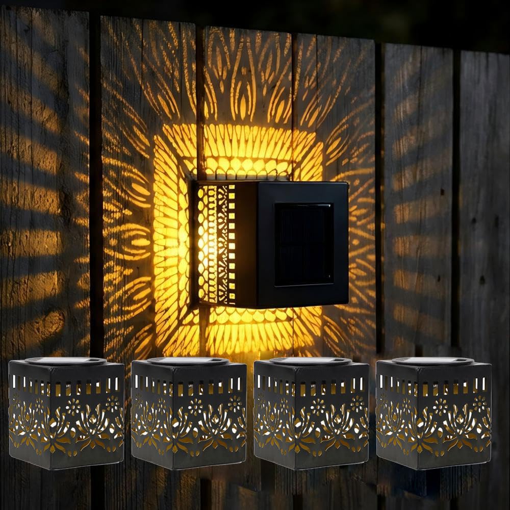 4 Pack Solar Mandala Wall Lights, Ip65 Waterproof Seven-Color Changing Decorative Solar Mandala Projection Lamp, Outdoor Waterproof Metal Fence Light for Yard Garden (4, Yellow - Square2)