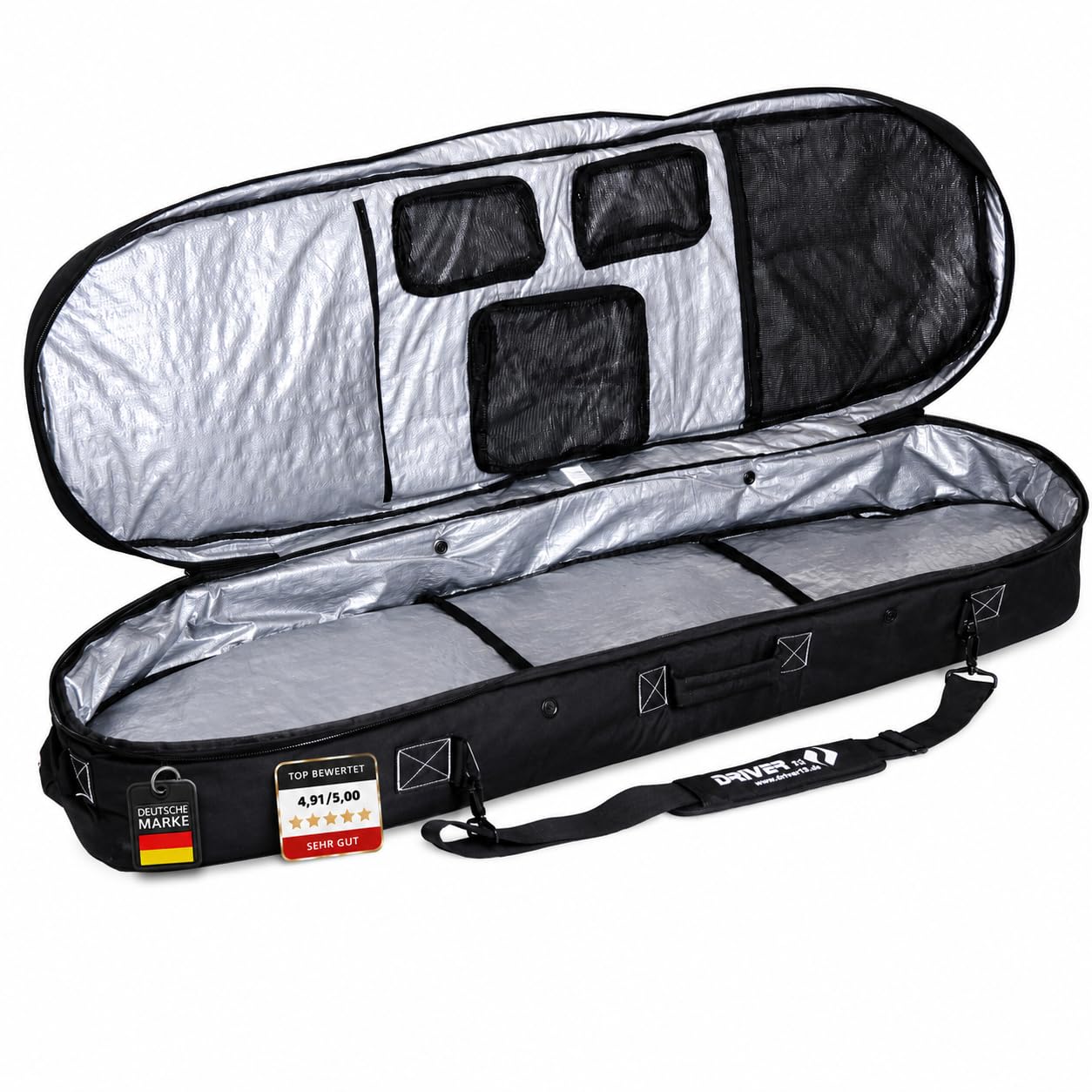 Driver13 Kiteboardtasche Weekend Deluxe No. 01, Boardbag mit Rucksacksystem, Zwischenlage, Fächer, 145 cm, schwarz