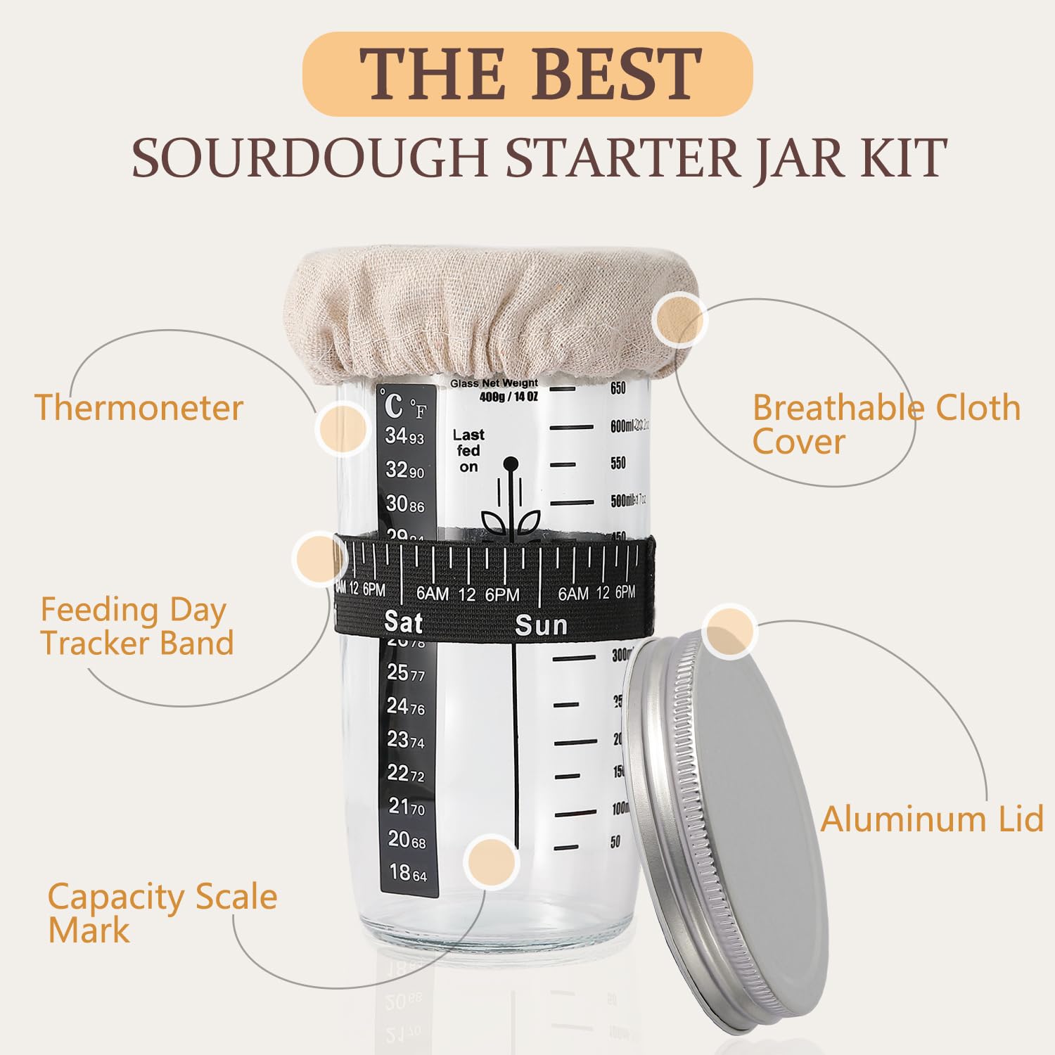 Zuurdesem Starter Kit 2 stuks, 24 oz Zuurdesem Brood Beginners Potje, met Datum Gemarkeerde Voedingsband, Thermometer, Schraap, Doek Cover, Metalen Deksel, Borstel, Herbruikbare Brood Thuis Bakken Zuurdesem Starter Kit 2 stuks, 24 oz Zuurdesem Brood Beginners Potje, met Datum Gemarkeerde Voedingsband, Thermometer, Schraap, Doek Cover, Metalen Deksel, Borstel, Herbruikbare Brood Thuis Bakken
