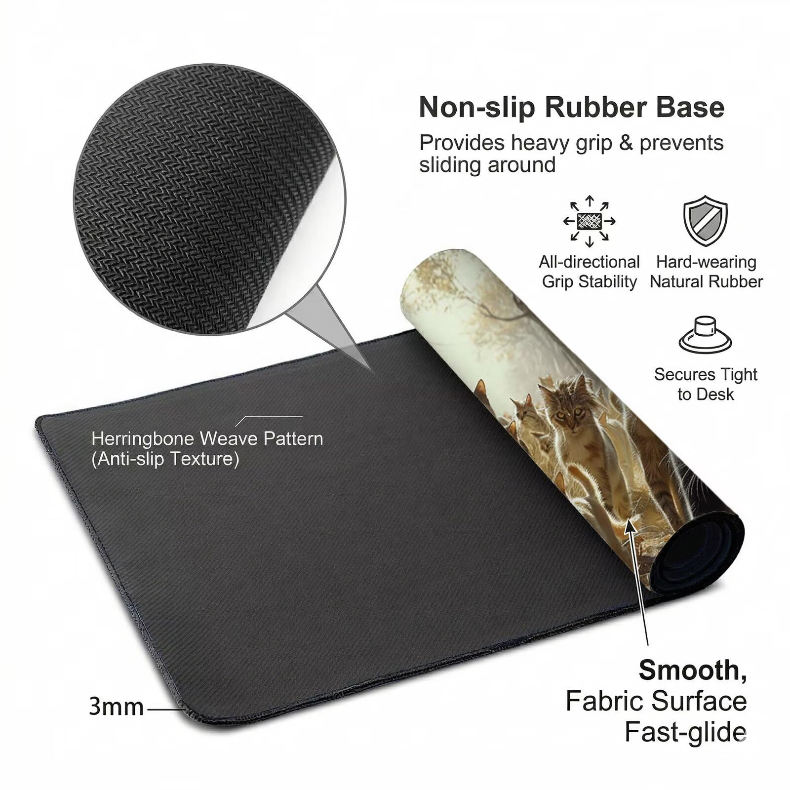 Alfombrilla Ratón XXL 1200 x 600 x 3 mm, Alfombrilla Escritorio, Bosque Grande Protector de Mesa con Base de Goma Antideslizante y Bordes Cosidos, Impermeable, para Oficina, PC, Gaming (Gato) L-x6804