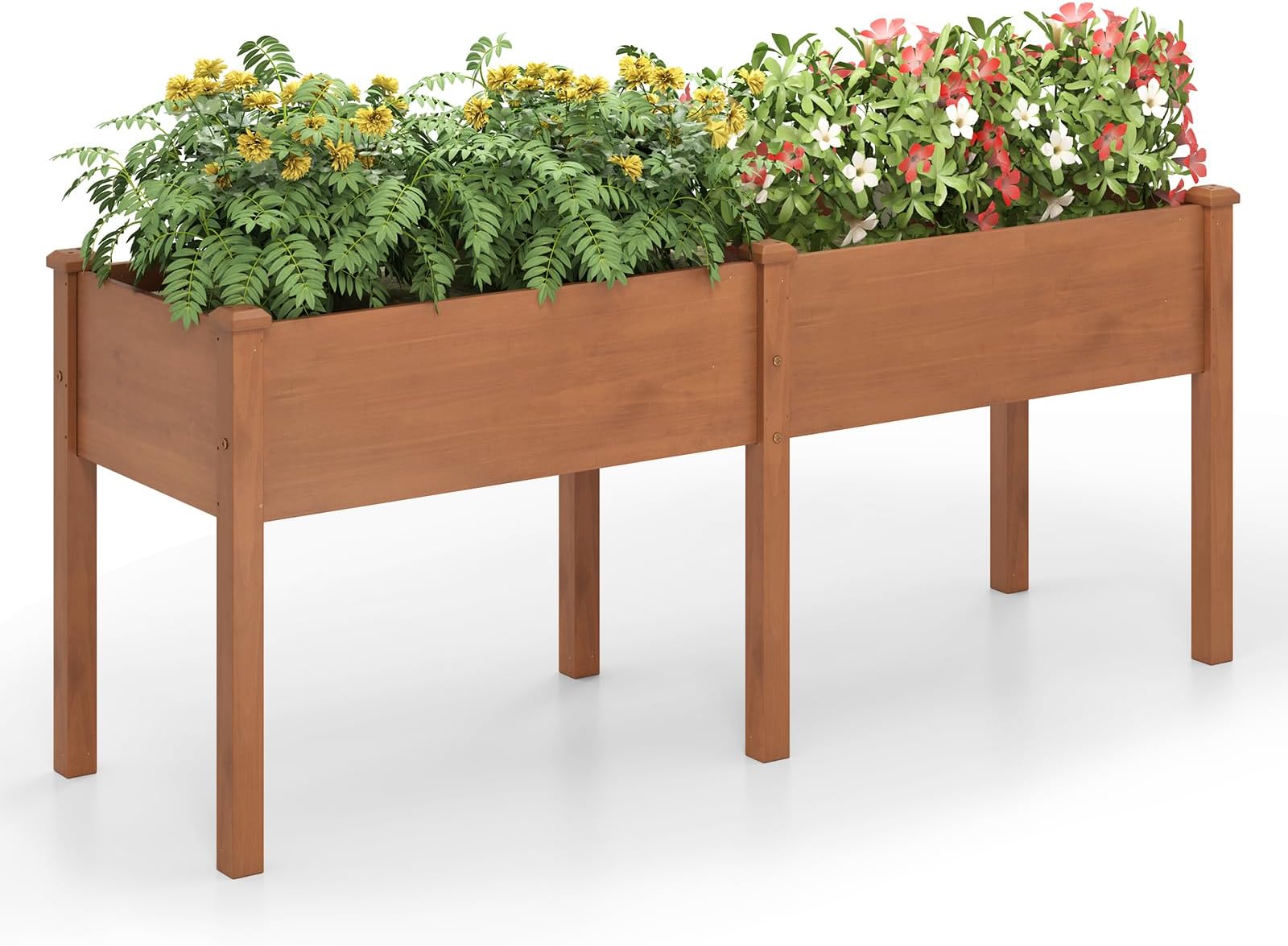 Raised Garden Bed, Outdoor Planter Raised Bed w/Drainage Holes, Divider Panel, 6 Supporting Legs, Elevated Wood Planter Box for Backyard Patio Balcony, 73” x 23” x 30” (L x W x H) (Brown)