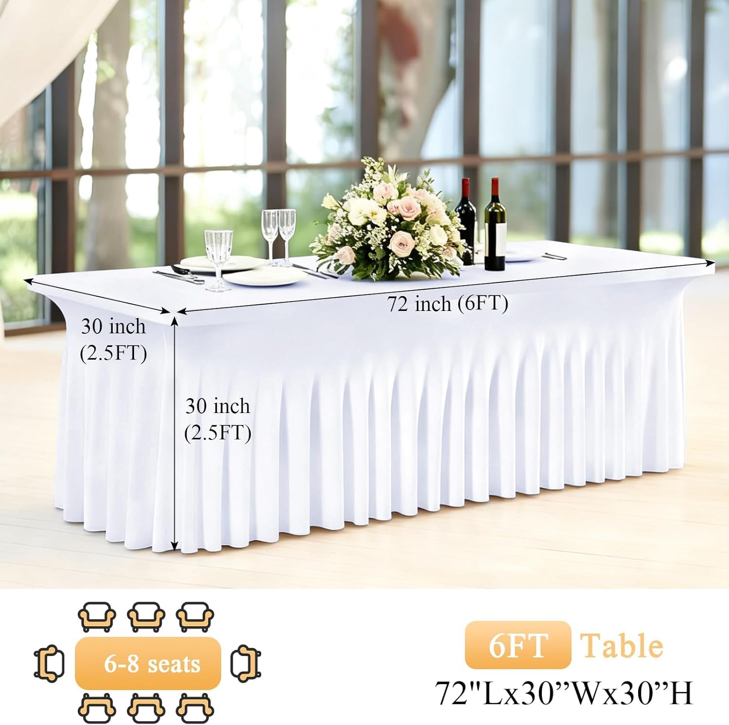 2er Set Tischrock Weiß 183 x 76 cm (6ft) Stretch Spandex Tischhusse rechteckig - Faltenrock Tischdecke & Skirting für Hochzeit Party Buffet Gastronomie - Tischverkleidung Bügelfrei & Waschbar