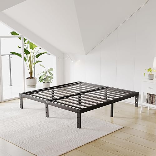 Marco de cama tamaño King de 16 pulgadas, marco de cama de plataforma de metal atmosférico, soporte de listones de acero resistente de 3,500 libras,