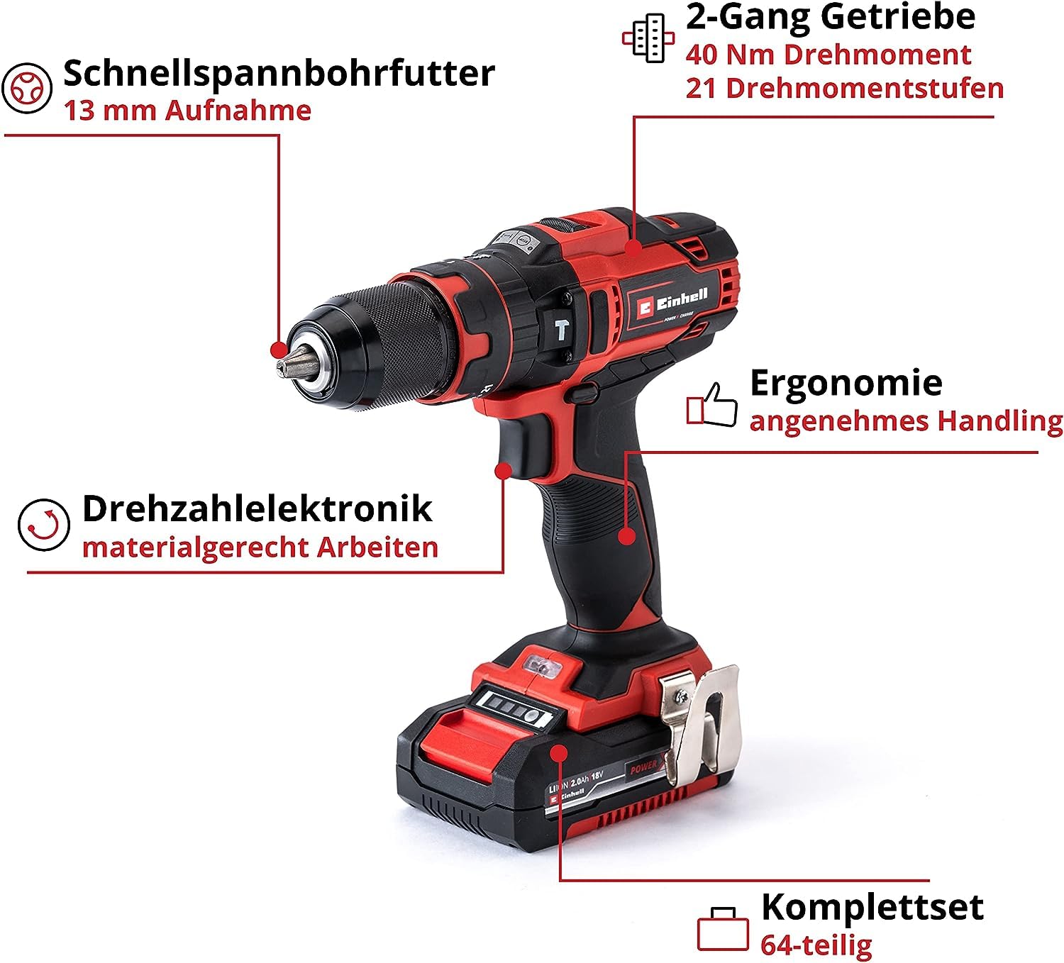 Einhell Akku-Schlagbohrschrauber-Set TE-CD 18/40 Li-i +64 (2x2,0 Ah) Power X-Change (Li-Ion, 18 V, 40 Nm, Drehzahl-Elektronik, 2-Gang-Getriebe, max. 24.000 min-1, inkl. Akkus, Ladegerät & Zubehör)