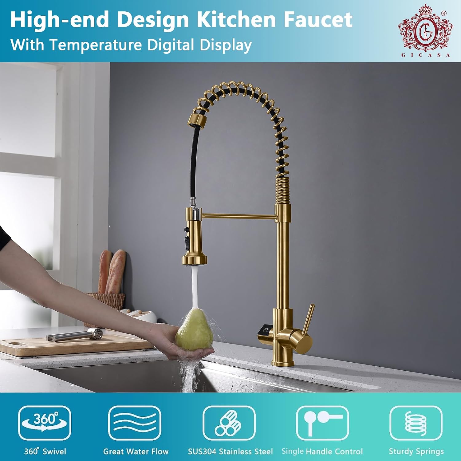 Kitchen Faucet with Temperature Digital Display, 304 Stainless Steel Kitchen Sink Faucets with Pull Down Sprayer and 3 Modes, 360 Rotatable Pull Out Kitchen Faucet, Brushed Gold