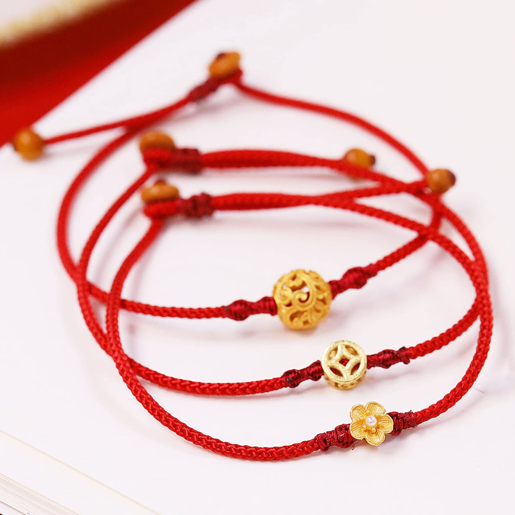 Pulsera Feng Shui Pulsera de Hilo Rojo Plata de Ley Dorada Amuleto de la Suerte Cuerda Trenzada Pulsera Ajustable Amuleto Espiritual Proteger de los Espíritus Malignos for la Prosperidad del Dinero, M