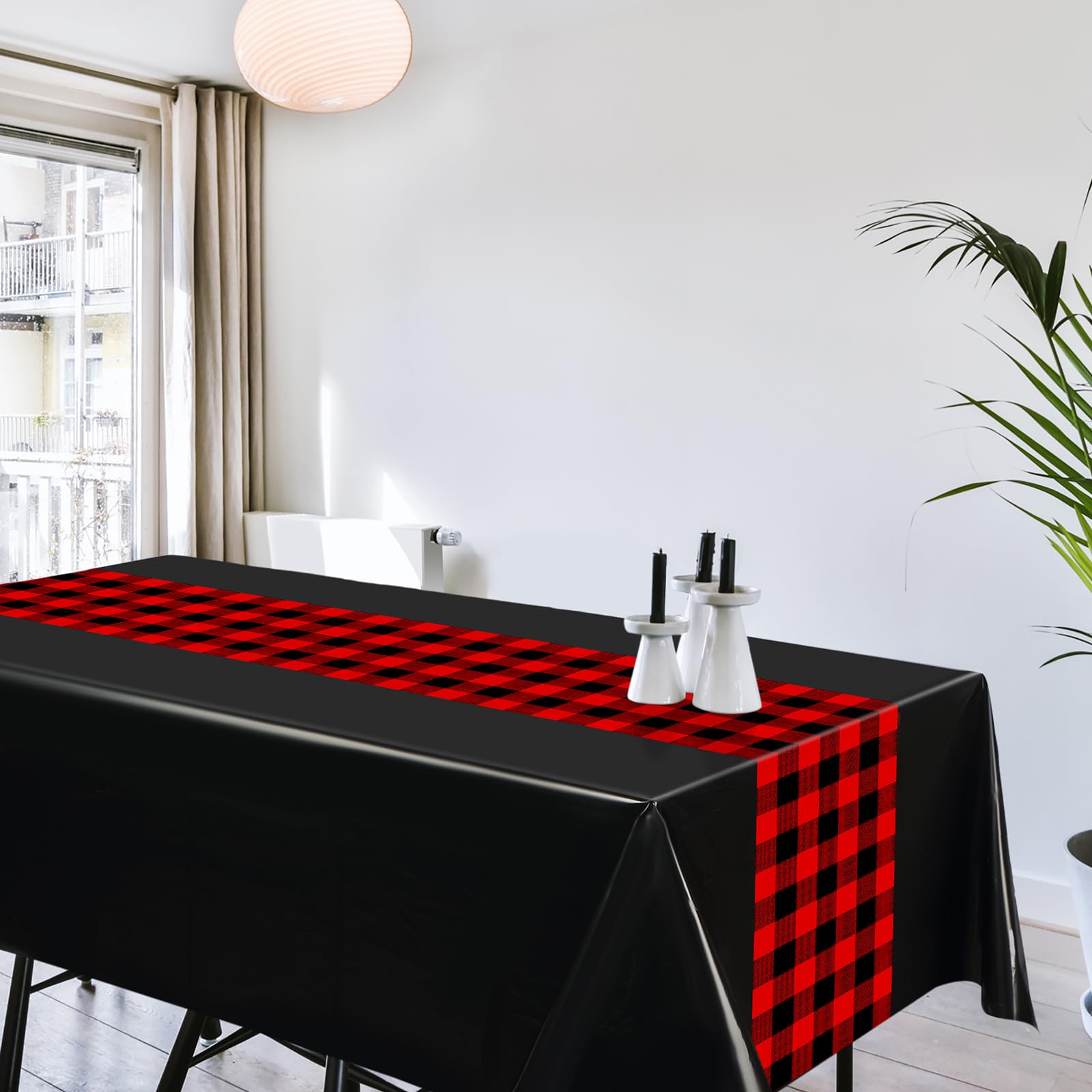 Oudain Mantel de plástico desechable a cuadros con diseño retro a cuadros de 274 x 137 cm, mantel rectangular a cuadros para Halloween, picnic, fiesta de cumpleaños (negro y rojo, 12 piezas)