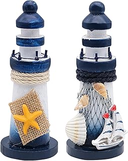 2 PCS Mini Lighthouse Decor, Wooden Miniature Lighthouse Model, Nautical Theme Decoration for Bathroom, Baby Shower, Party, Kids Nursery