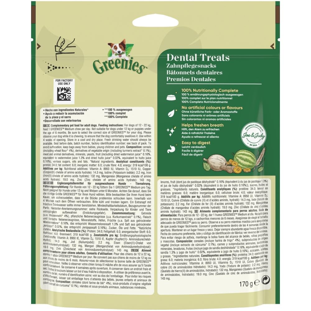 GREENIES Original Medium – Friandises à Mâcher pour Chien Moyen – 18 Sticks pour Une Bonne Hygiène Bucco-Dentaire – 170g