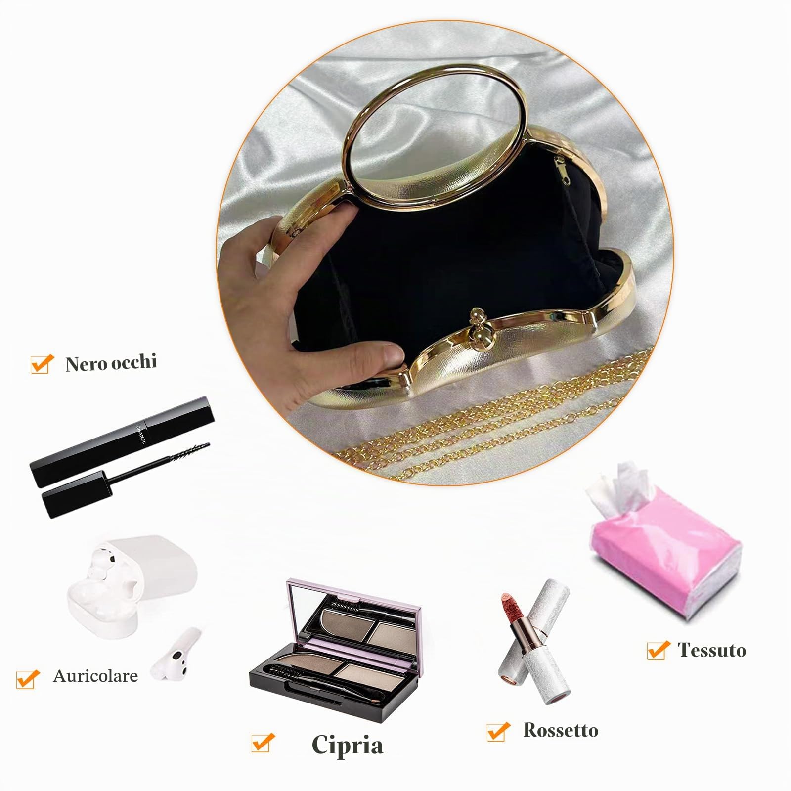 Borsetta da Sera da Donna Clutch in Pelle PU lucida Pochette Piccolo con Catena Borsa Sposa Elegante Gorgeous Borsa a Spalla a Tracolla Messenger per Festa Ballo Cocktail Cerimonia